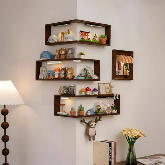 Naittoop Corner Floating Shelves Wall Mounted, 1 PCS Rustic Corner Floating Shelves, Wooden Wall-Mounted Storage Rack, Space-Saving for Bedroom Living Room Office (No lights)