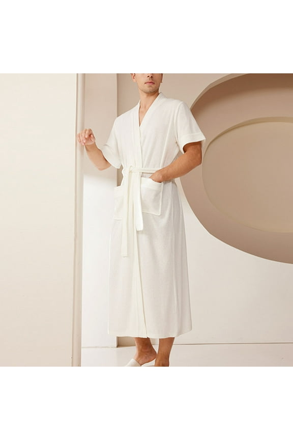 Couples Cloth Long Robe Short Sleeve Kimono Robe Soft Lightweight Dressing Gown Absorbent Spa Bathrobe