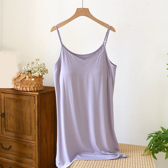 Naittoop Cozy Womens Modal Built in Padded Bra Full Slip Adjustable Spaghetti Strap Mini Cami Tank Dress Sleep and Lounge