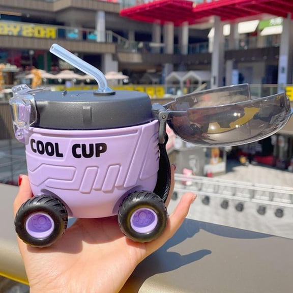 Naittoop Cute Water Bottle Bus Water Cup with Straw and Strap Break Resistant Detachable,Mini Car Water Bottle for School Sports Travel Purple