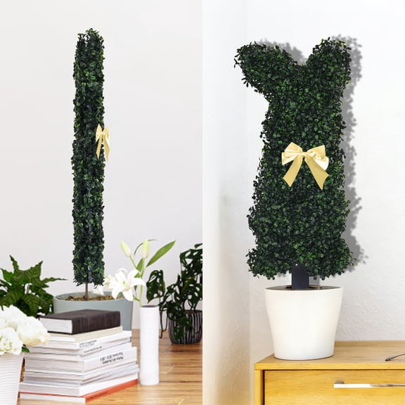 Naittoop Easter Artificial Bunny-Shaped Boxwood Topiary Fake Evergreen Faux with Bow for Outdoor Front Porch Decor 11*30 in Green