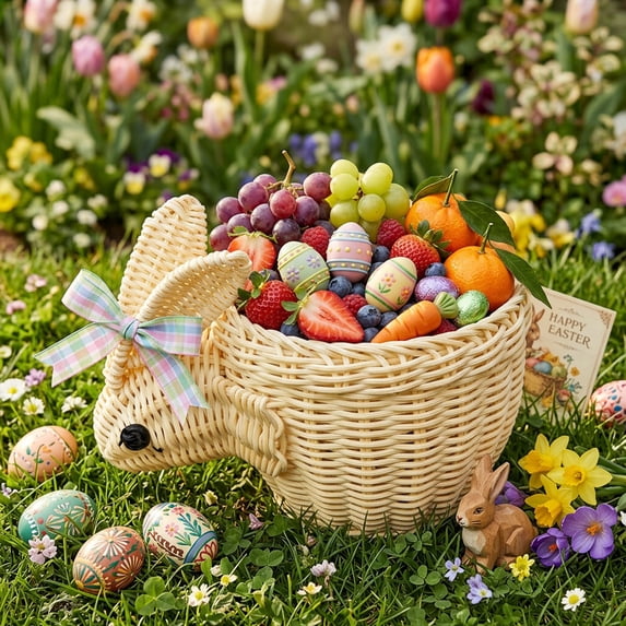 Naittoop Easter Basket with Handle Bunny Easter Woven Picnic Basket for Kids with Cute Rabbit Ears Rattan Gift Wicker Wine Woven Empty for Candy Storage Toy Girl Party Supplies Begie