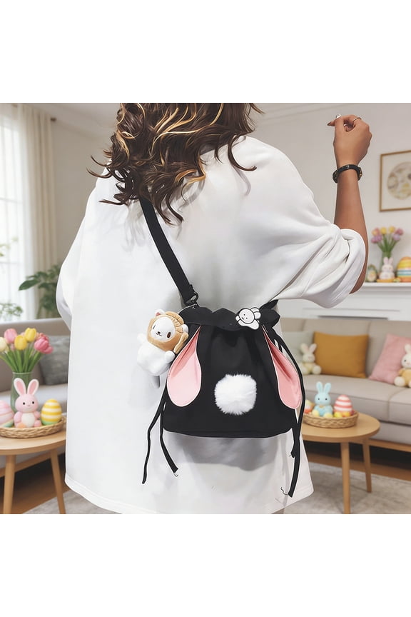Easter Cute Bunny Shoulder for Women Rabbit Ears Backpack Fluffy Bag Birthdays Gift for Candy Storage 10.63*9.84 in Black