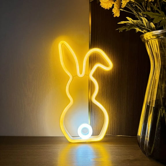 Naittoop Easter Neon Signs Bunny Rabbit Egg Neon LED Lights USB or Battery Easter Window Lights Wall Window Decor for Party Holiday Night Bedroom Gifts(Bright Rabbit Style) (Gold)