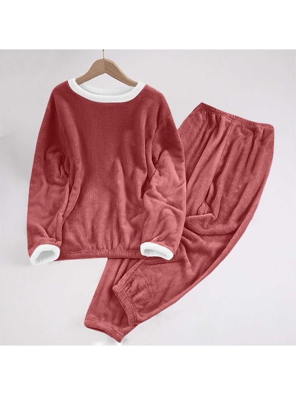 Fleece Pajamas Womens Petite Casual Loose Comfy Thermal Plush Fuzzy Long Sleeve Sleepwear Winter 2 Piece Lounge Sets