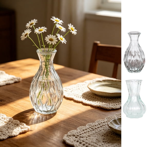 Naittoop Glass Bud Vases Set of 2 Small Flower Vases Bulk for Wedding Centerpiece Clear Vintage Embossed Ribbed Mini Vases for Table Decorations Party Receptions or Home Decor