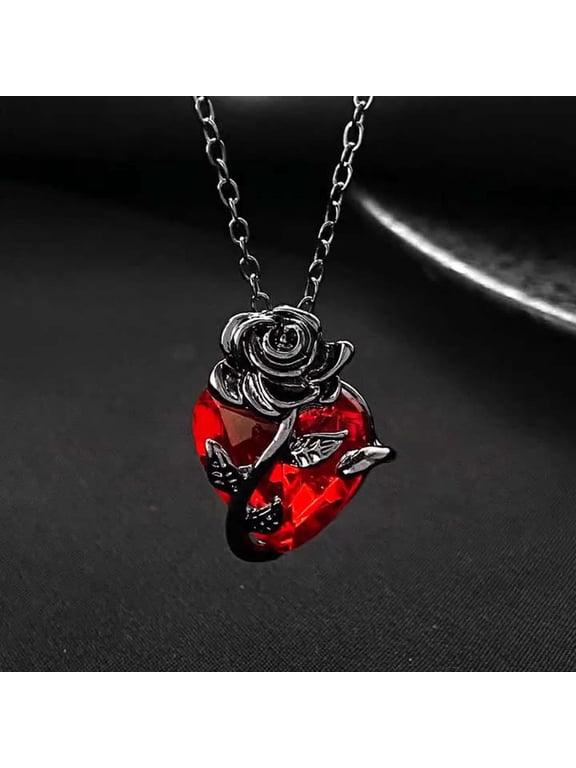 Gothic Rose Red Heart Pendant Necklace, Goth Emo Grunge Black Rose Jewelry Gifts Accessories for Women Men Aesthetic Necklace for Valentine's Day