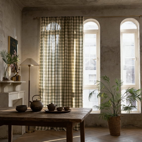 Naittoop Green Semi Plaid Sheer Curtain Panel 23.6x55in – Rustic Light Filtering Window Drape for Living Room Bedroom Balcony Farmhouse Home Interior Accessory 1 Panel