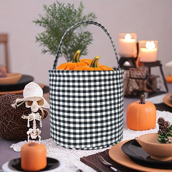 Naittoop Halloween Plaid Basket 9*8.9in Black and White Checkered Cloth Hand Tote for Candy Collection Rustic Harvest Storage Bucket for Fall Home Decor and Party Display