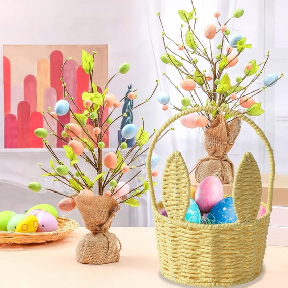 Naittoop Handmade Easter Basket with Handle, Bunny Rattan Woven Basket, Rabbit Ear Straw Wicker Easter Egg Candy Basket for Easter Egg Hunting, Picnics, And Storage, Easter Gift 6*10*8 in Yellow