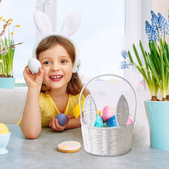 Naittoop Handmade Easter Basket with Handle, Bunny Rattan Woven Basket, Rabbit Ear Straw Wicker Easter Egg Candy Basket for Easter Egg Hunting, Picnics, And Storage, Easter Gift 6*10*8 in White