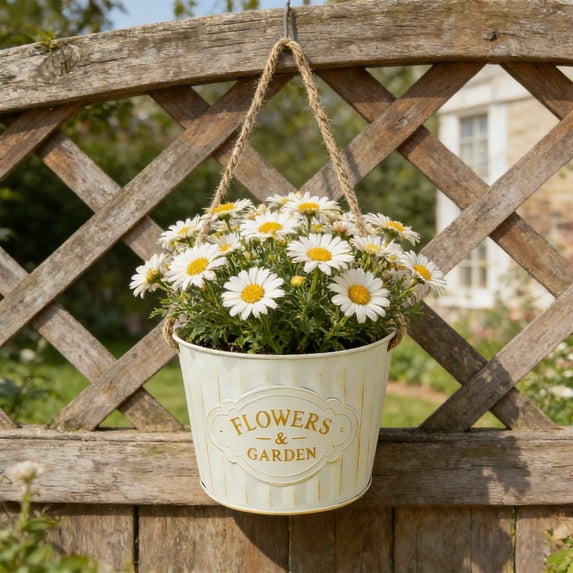 Naittoop Hanging Planters with Rope,Vintage Metal Iron Wall Hanging Flower Pots,Rustic Planter Bucket Herb Flower Holder for Railing Fence Balcony Deck Garden Home Decor 5.5 in Beige