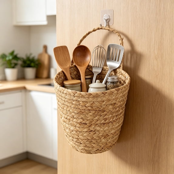 Naittoop Hanging Wicker Basket Hyacinth Storage Basket Portable Wall Hanging Flower Basket Organizer Fruit Vegetable Rattan Box Home Decoration Height 7.28 in