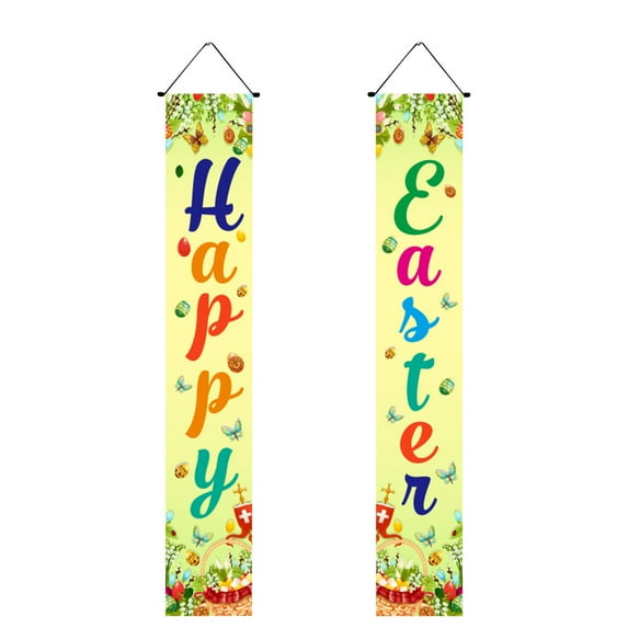 Naittoop Happy Easter Bunny Rabbit Porch Banner Sign, Eggs Butterfly Front Door Decorative Hanging Welcome Banner Flag, Spring Seasonal Decoration Home Outdoor Decor11.8*70.8 in A