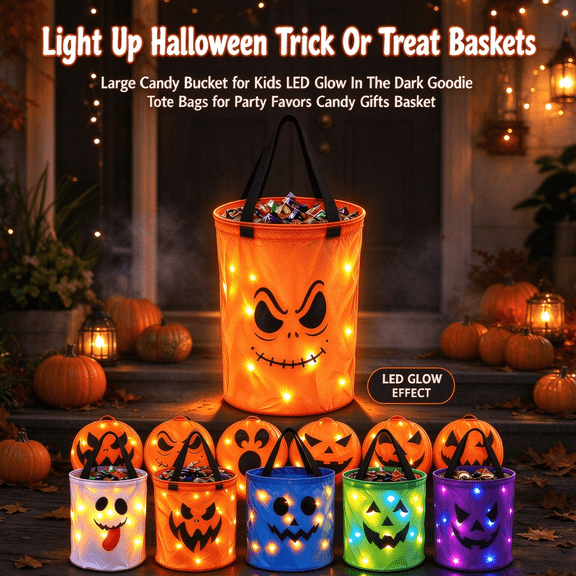 Naittoop Light Up Halloween Trick Or Treat Bags,11.8IN Large Candy Bucket for Kids LED Glow In The Dark Goodie Tote Bags for Party Favors Candy Gifts Basket Orange B