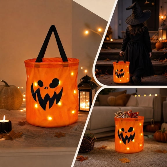 Naittoop Light Up Halloween Trick Or Treat Bags,11.8IN Large Candy Bucket for Kids LED Glow In The Dark Goodie Tote Bags for Party Favors Candy Gifts Basket Orange A