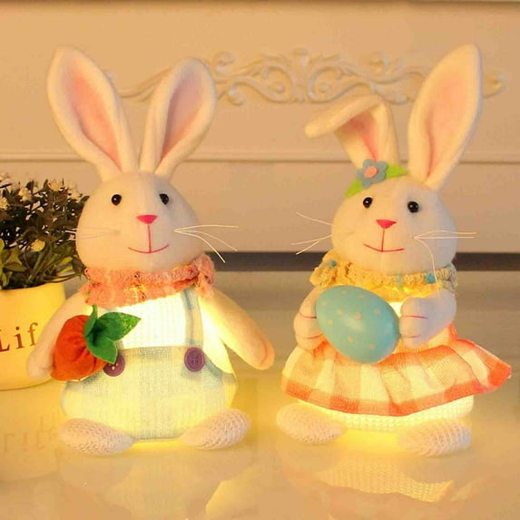Naittoop Lighted Easter Bunny Decor, 9.45" Handmade Huggable Rabbits Couple with Lights, Light Up Easter Basket Rabbits Easter Gift, Party Favor Figurine for Spring Tabletop Room
