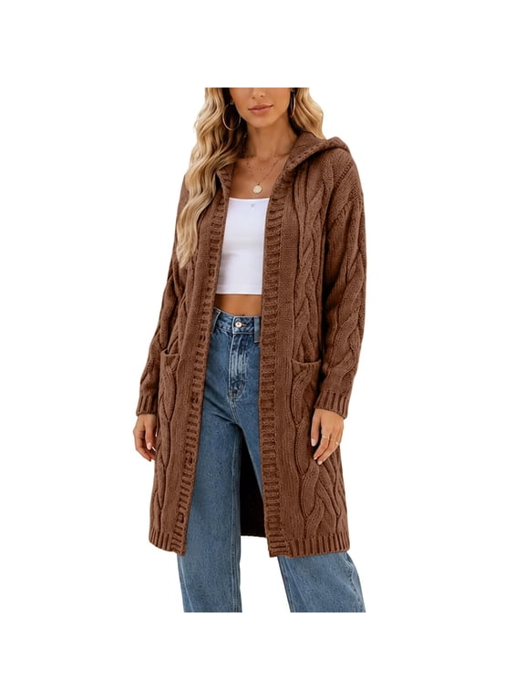 Long Cardigan for Women Hooded Comfy Cable Knit Chunky Women Plus Size Warm Winter Sweater Jacket with Pockets for Office