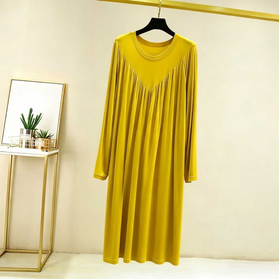 Naittoop Long Sleeve Nightgowns for Women Modal Solid Color Ruched Maxi Dress Buttery Soft Loungewear for Home Travel