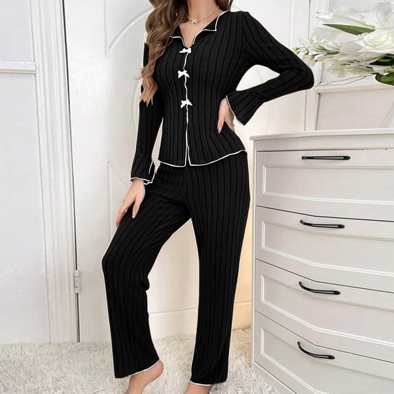 Naittoop Lounge Sets for Women Ribbed Sleepwear Long-Sleeved Shirt and Length Bottom Pajama Set