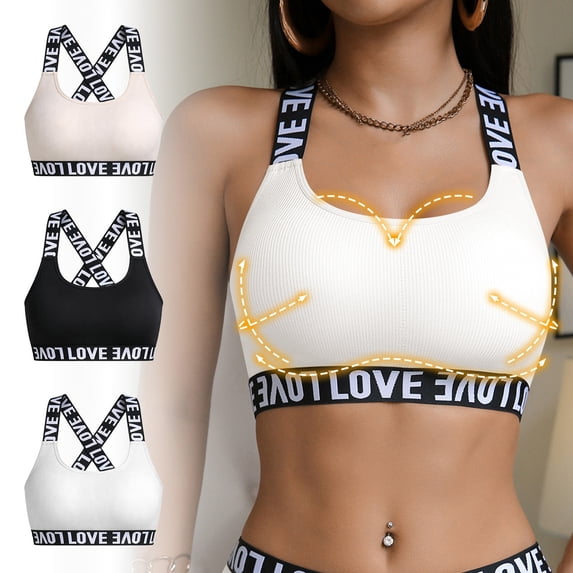 Naittoop Love Sports Bras for Women Adjustable Strap Racerback Bralettes Push Up Anti Sagging Backless No Show Wireless Soft Bra