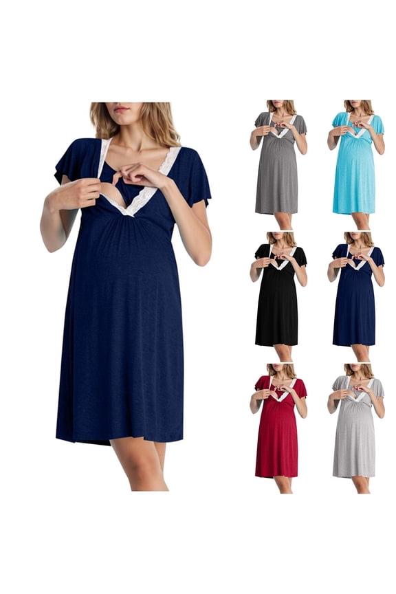 Maternity Breastfeeding Dresses for Women Lace Trim Soft Nightgown Loose V Neck Short Sleeve Nursing Dress