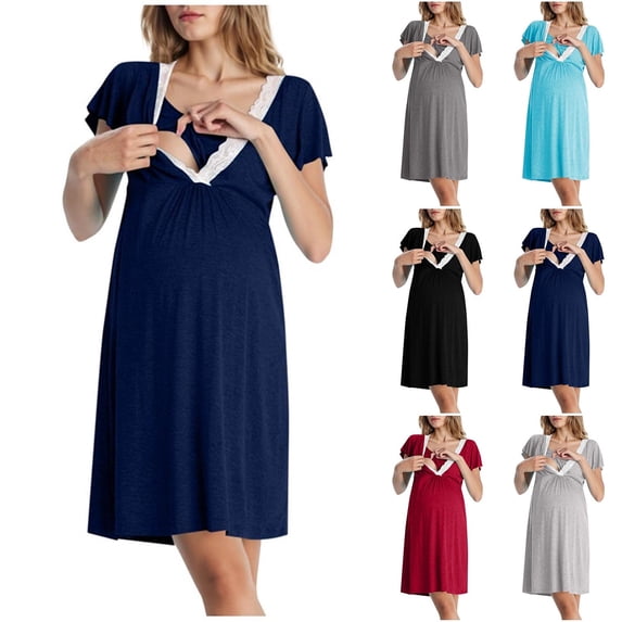 Naittoop Maternity Breastfeeding Dresses for Women Lace Trim Soft Nightgown Loose V Neck Short Sleeve Nursing Dress