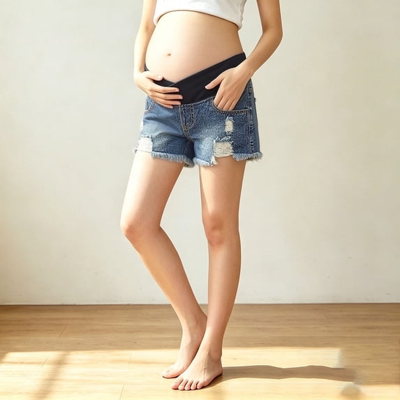 Naittoop Maternity Denim Shorts, Low Rise V-Shape Stretchy Waistband, Roll Hem Distressed Ripped Regular Fit for Pregnancy