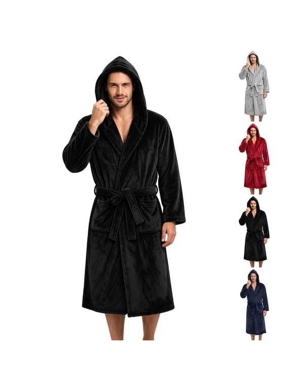 Mens Hooded Robe Plush Bathrobe Warm Long House Coat with Pockets