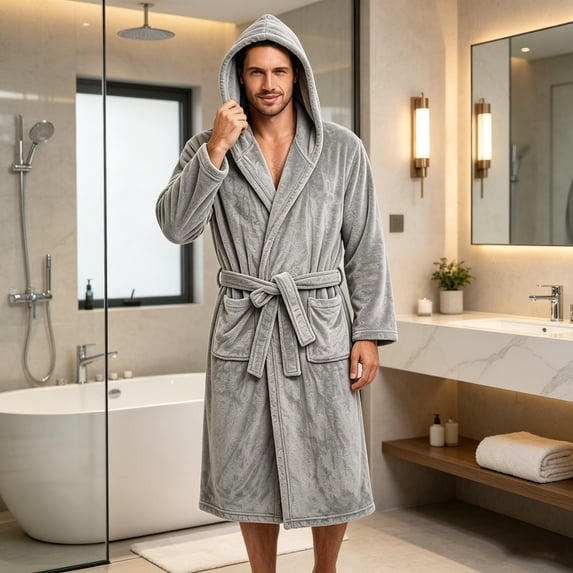 Naittoop Mens Hooded Robe Plush Bathrobe Warm Long House Coat with Pockets