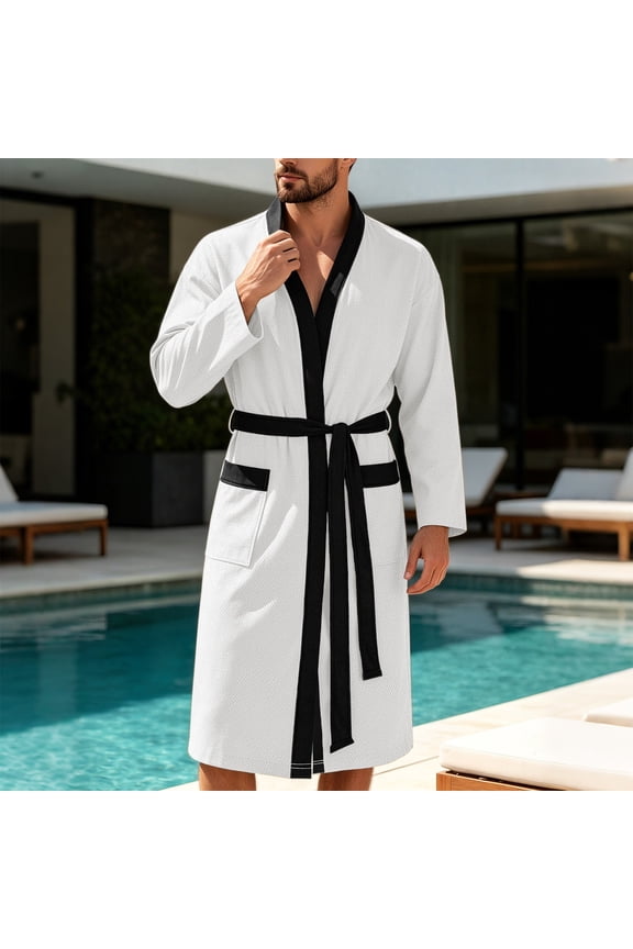 Mens Lightweight Cloth Bathrobe, Long Sleeve Mid Length Summer Robes Comfy Soft Dude Robe with Pockets Sleepwear