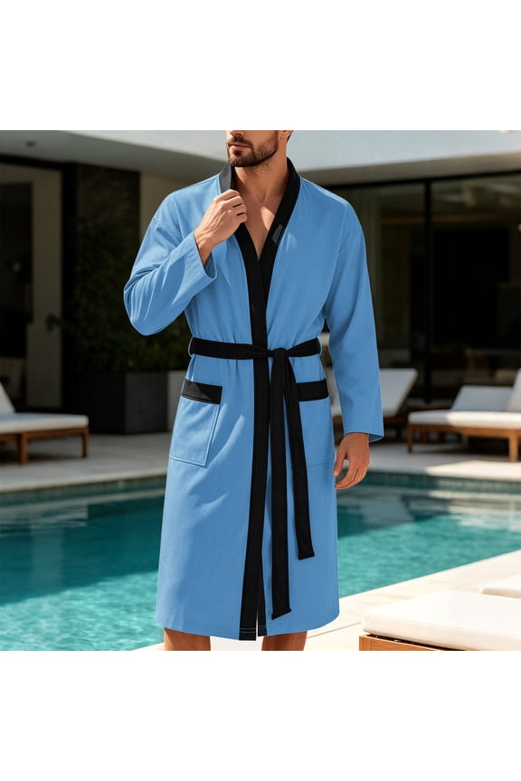 Mens Lightweight Cloth Bathrobe, Long Sleeve Mid Length Summer Robes Comfy Soft Dude Robe with Pockets Sleepwear
