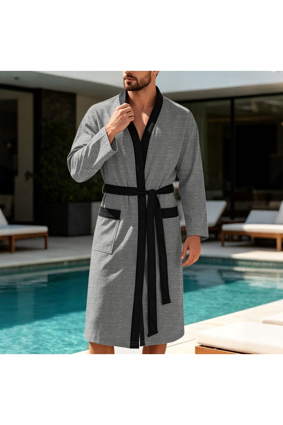 Mens Lightweight Cloth Bathrobe, Long Sleeve Mid Length Summer Robes Comfy Soft Dude Robe with Pockets Sleepwear