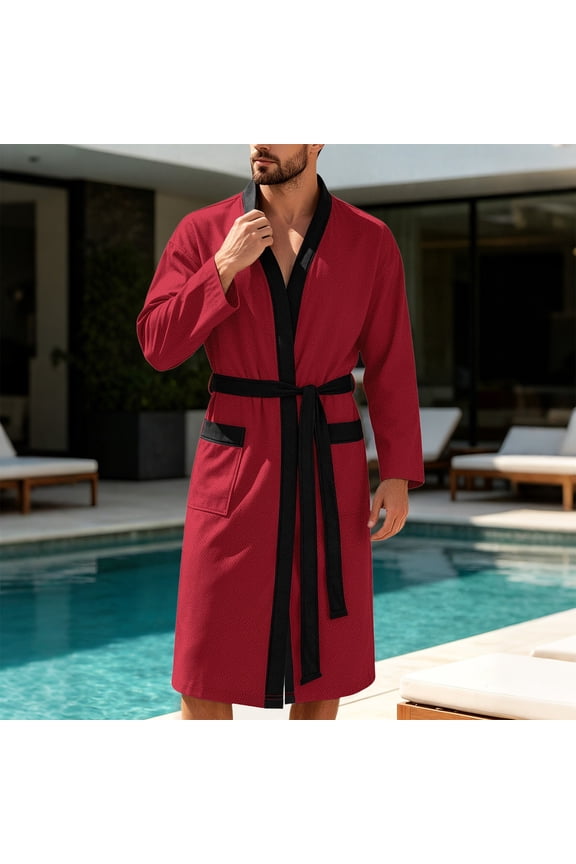 Mens Lightweight Cloth Bathrobe, Long Sleeve Mid Length Summer Robes Comfy Soft Dude Robe with Pockets Sleepwear
