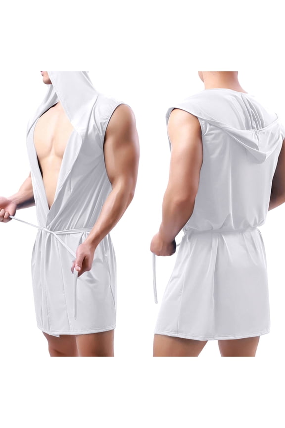 Mens Satin Robe Lightweight Sleeveless Sexy Kimono Bathrobe Solid Silk Spa Robe for Lounge Comfort Casual