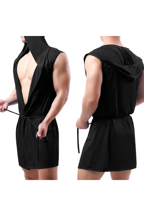 Mens Satin Robe Lightweight Sleeveless Sexy Kimono Bathrobe Solid Silk Spa Robe for Lounge Comfort Casual