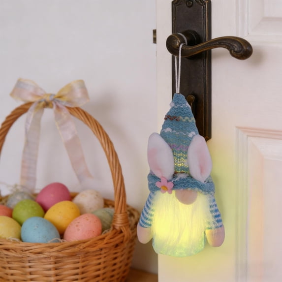 Naittoop Mini Lghted Bunny Easter Gnome Pendant,6.69" Handmade Scandinavian Swedish Tomte,LED Light Up Elf Easter Present, Battery Operated Rabbit Gifts Spring Tabletop Holiday Decor Blue Cute