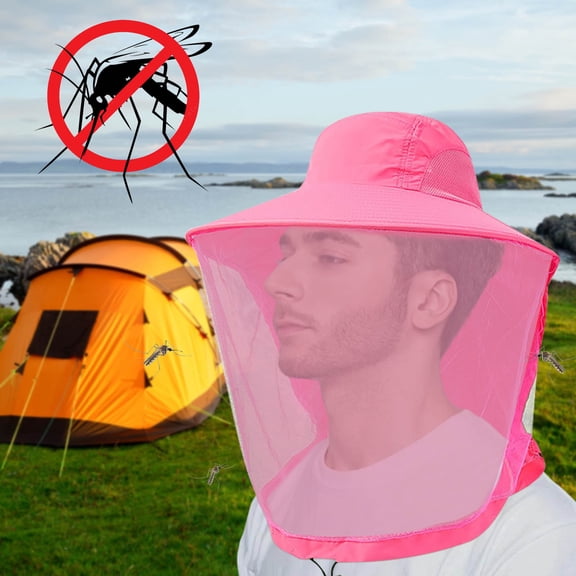 Naittoop Nylon Mosquito Net Hat with Sun Protection Foldable Mesh Face Shield Wide Brim Adjustable Chin Strap Fishing Camping Gardening Sky Watermelon Red