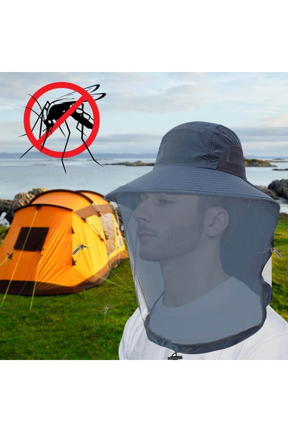 Nylon Mosquito Net Hat with Sun Protection Foldable Mesh Face Shield Wide Brim Adjustable Chin Strap Fishing Camping Gardening Navy