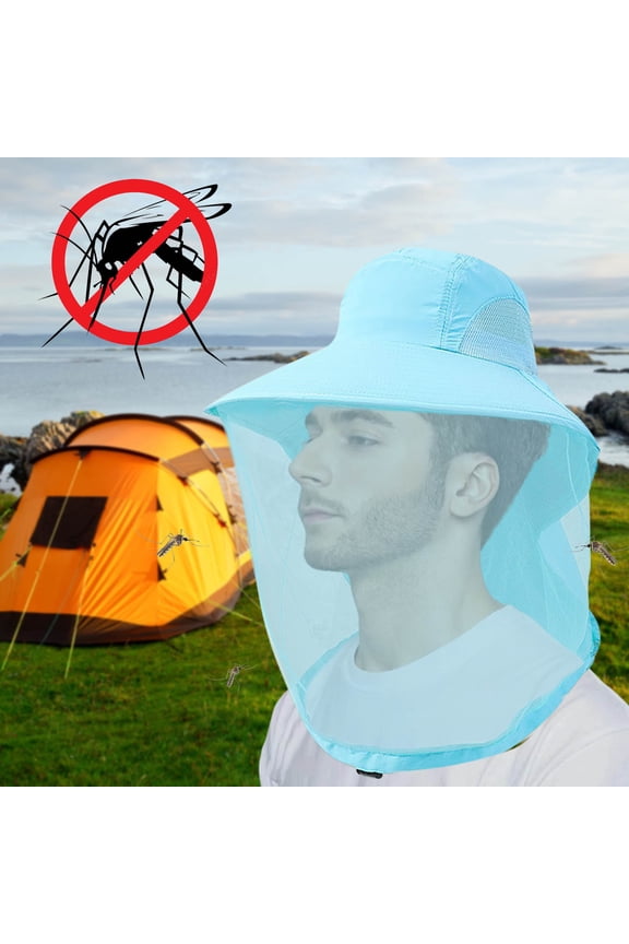 Nylon Mosquito Net Hat with Sun Protection Foldable Mesh Face Shield Wide Brim Adjustable Chin Strap Fishing Camping Gardening Sky Blue