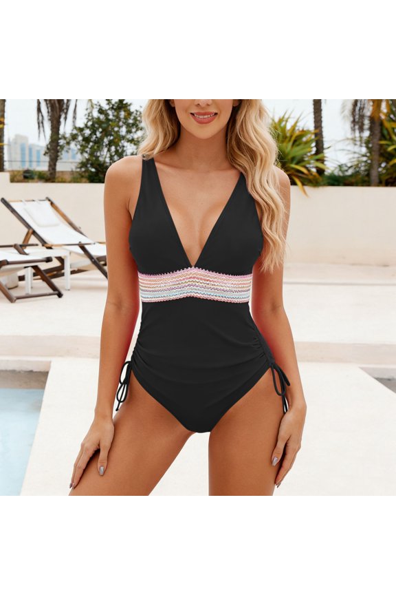 One Piece Swimsuit Women Belly Control Side Tie Bathing Suit V Neck Adjustable Straps Swimwear