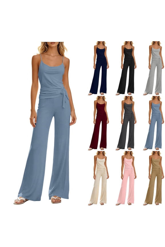 Pants Sets Women 2 Piece Outfits Solid Color Sleeveless Crop Tank Top and Wide Leg Pants Set Vacation