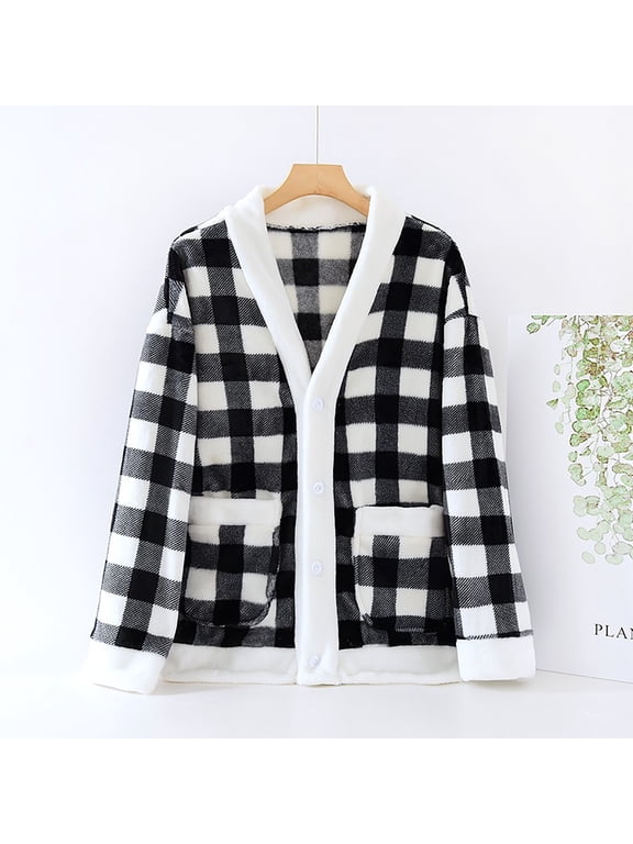 Plush Bed Jackets for Women Fuzzy Fleece Pajama Tops Button Up Sleepwear Long Sleeve Winter Coats with Pockets