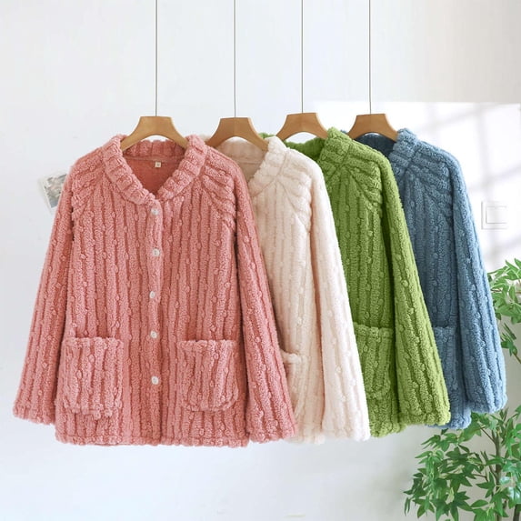 Naittoop Plush Pajama Tops Fleece Bed Jackets for Elderly Women Long Sleeve Button Down Sleepwear Fuzzy Coats with Pockets