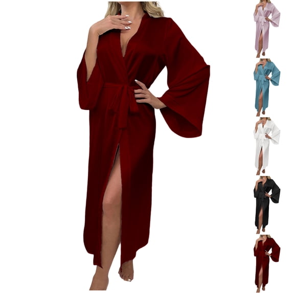 Naittoop Robes for Women Long Knit Bathrobe Lightweight Long Sleeves Kimono Robe Soft Solid Color Sleepwear with Pockets