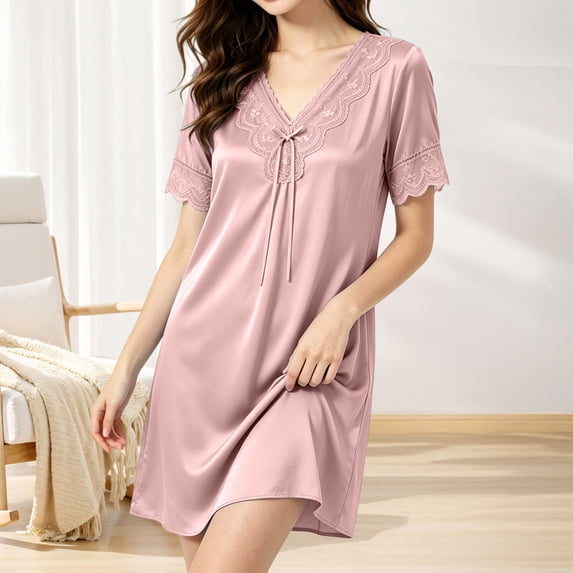 Naittoop Satin Nightgowns for Women Short Sleeve House Dresses with Pad V Neck Dress Satin Nighty Negligee Sleep Dress Sleepwear