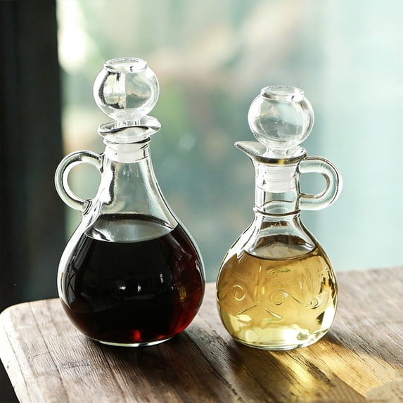 Naittoop Set of 2 Olive Oil & Vinegar Dispenser Bottles with Stopper Round Glass Cruet Bottles for Kitchen – Oil Dispenser Spout Container for Syrup Olive Oil Vinegar