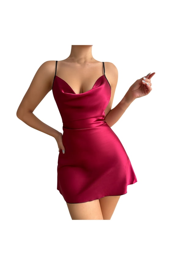 Silk Nightgown for Women Spaghetti Strap Satin Mini Slip Dress Sexy Lace Butterfly Backless Short Chemise Lingerie