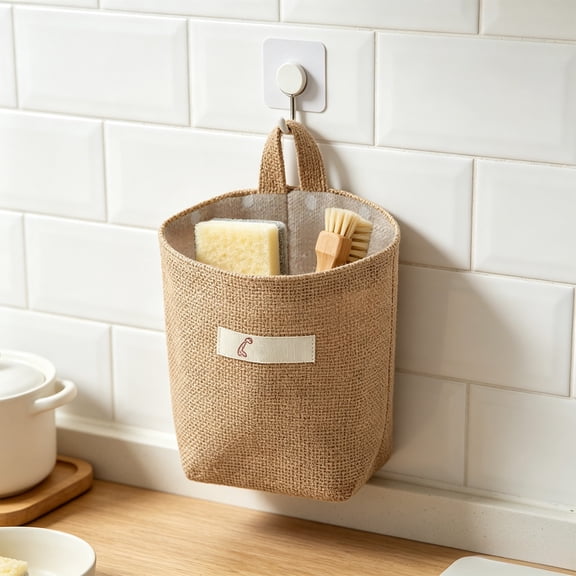 Naittoop Small Rustic Linen Hanging Storage Basket 4.7*5.3in Wall Mount Organizer Bag with Polka Dot Lining for Versatile Kitchen Bathroom Home Key Mail Cosmetics Holder