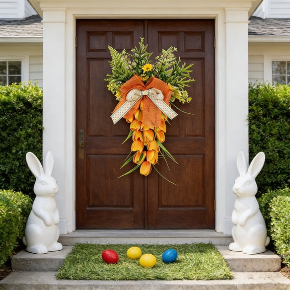 Naittoop Spring Summer Wreath Tulip Carrot Easter Teardrop Swag with Bowknot Hanging Ornament Garland for Front Door Wedding Staircase, 10.6*17.7 inch